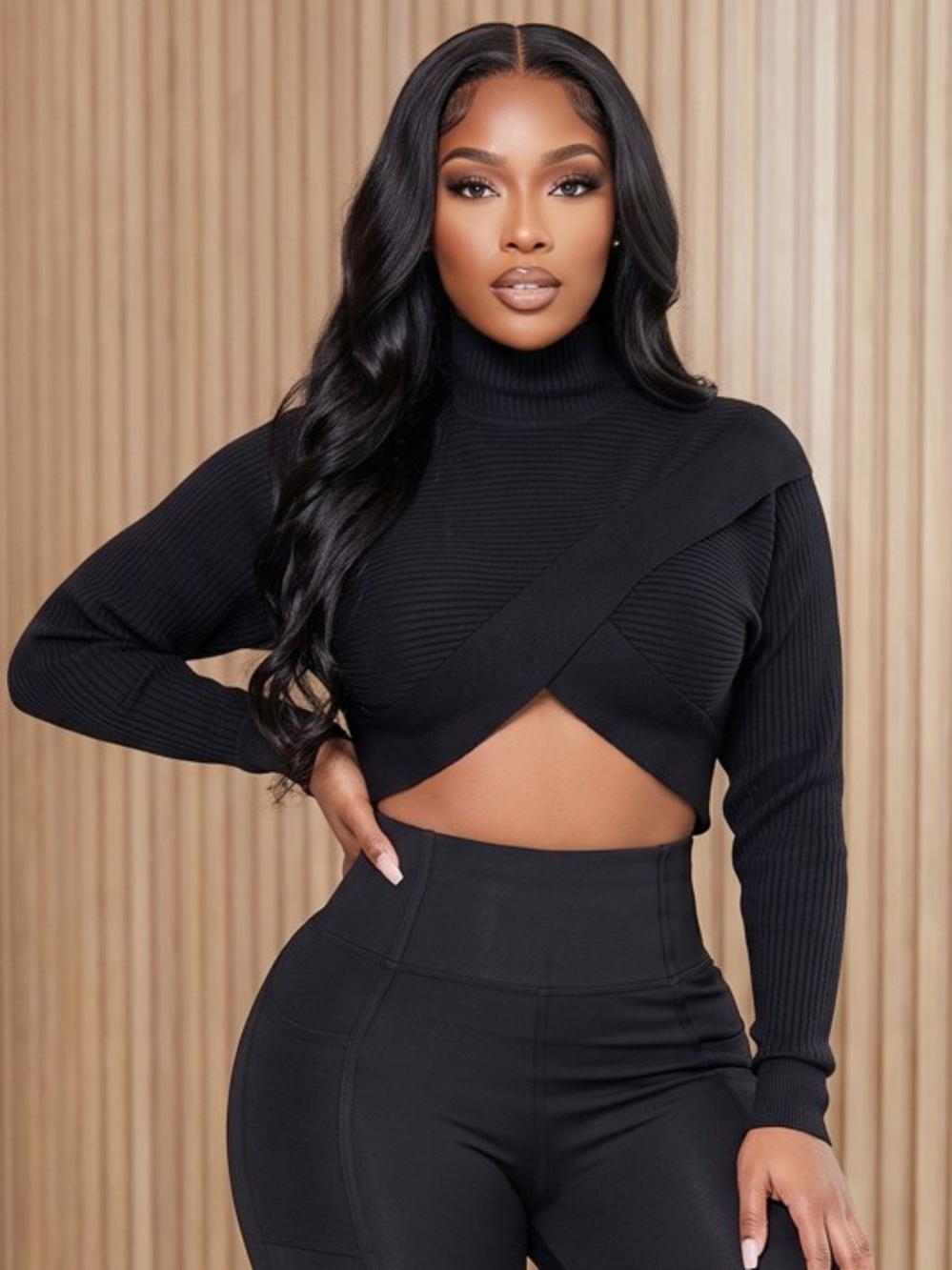 Women’s Black Ribbed Turtleneck Cropped Wrap Top